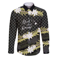Born And Raised Aloha Hawaii Family Matching Off Shoulder Short Dress and Hawaiian Shirt Kanaka Kakau Hawaiian Tiare Pakalana Lei LT14 Dad's Shirt - Long Sleeve Black - Polynesian Pride