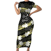 Born And Raised Aloha Hawaii Short Sleeve Bodycon Dress Kanaka Kakau Hawaiian Tiare Pakalana Lei LT14 Long Dress Black - Polynesian Pride