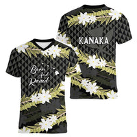 Born And Raised Aloha Hawaii Women V-Neck T-Shirt Kanaka Kakau Hawaiian Tiare Pakalana Lei LT14 - Polynesian Pride