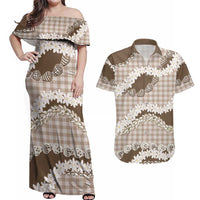 Brown Hawaii Tiare and Shell Lei Couples Matching Off Shoulder Maxi Dress and Hawaiian Shirt Hawaiian Palaka Luxury Vibes LT14 Brown - Polynesian Pride