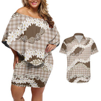 Brown Hawaii Tiare and Shell Lei Couples Matching Off Shoulder Short Dress and Hawaiian Shirt Hawaiian Palaka Luxury Vibes LT14 Brown - Polynesian Pride