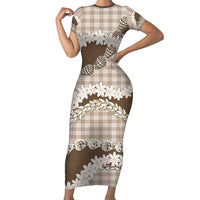 Brown Hawaii Tiare and Shell Lei Family Matching Short Sleeve Bodycon Dress and Hawaiian Shirt Hawaiian Palaka Luxury Vibes LT14 Mom's Dress Brown - Polynesian Pride