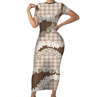 Brown Hawaii Tiare and Shell Lei Short Sleeve Bodycon Dress Hawaiian Palaka Luxury Vibes LT14 Long Dress Brown - Polynesian Pride