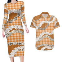 Orange Hawaii Tiare and Shell Lei Couples Matching Long Sleeve Bodycon Dress and Hawaiian Shirt Hawaiian Palaka Luxury Vibes - Polynesian Pride