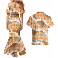 Orange Hawaii Tiare and Shell Lei Couples Matching Mermaid Dress and Hawaiian Shirt Hawaiian Palaka Luxury Vibes - Polynesian Pride
