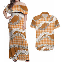 Orange Hawaii Tiare and Shell Lei Couples Matching Off Shoulder Maxi Dress and Hawaiian Shirt Hawaiian Palaka Luxury Vibes LT14 Orange - Polynesian Pride