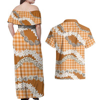 Orange Hawaii Tiare and Shell Lei Couples Matching Off Shoulder Maxi Dress and Hawaiian Shirt Hawaiian Palaka Luxury Vibes LT14 - Polynesian Pride