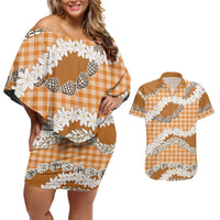 Orange Hawaii Tiare and Shell Lei Couples Matching Off Shoulder Short Dress and Hawaiian Shirt Hawaiian Palaka Luxury Vibes LT14 Orange - Polynesian Pride