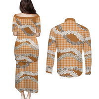 Orange Hawaii Tiare and Shell Lei Couples Matching Puletasi and Long Sleeve Button Shirt Hawaiian Palaka Luxury Vibes LT14 - Polynesian Pride