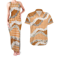 Orange Hawaii Tiare and Shell Lei Couples Matching Tank Maxi Dress and Hawaiian Shirt Hawaiian Palaka Luxury Vibes - Polynesian Pride
