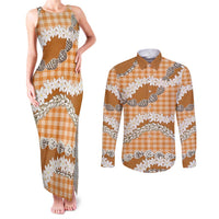 Orange Hawaii Tiare and Shell Lei Couples Matching Tank Maxi Dress and Long Sleeve Button Shirt Hawaiian Palaka Luxury Vibes - Polynesian Pride