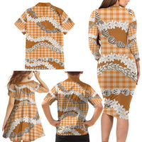 Orange Hawaii Tiare and Shell Lei Family Matching Long Sleeve Bodycon Dress and Hawaiian Shirt Hawaiian Palaka Luxury Vibes - Polynesian Pride