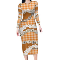 Orange Hawaii Tiare and Shell Lei Family Matching Long Sleeve Bodycon Dress and Hawaiian Shirt Hawaiian Palaka Luxury Vibes LT14 Mom's Dress Orange - Polynesian Pride