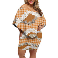 Orange Hawaii Tiare and Shell Lei Family Matching Off Shoulder Short Dress and Hawaiian Shirt Hawaiian Palaka Luxury Vibes LT14 Mom's Dress Orange - Polynesian Pride