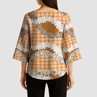 Orange Hawaii Tiare and Shell Lei Kimono Sleeve Blouse Hawaiian Palaka Luxury Vibes - Polynesian Pride