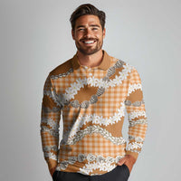Orange Hawaii Tiare and Shell Lei Long Sleeve Polo Shirt Hawaiian Palaka Luxury Vibes - Polynesian Pride
