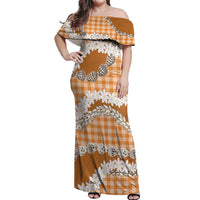 Orange Hawaii Tiare and Shell Lei Off Shoulder Maxi Dress Hawaiian Palaka Luxury Vibes - Polynesian Pride