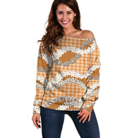 Orange Hawaii Tiare and Shell Lei Off Shoulder Sweater Hawaiian Palaka Luxury Vibes - Polynesian Pride