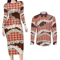 Red Hawaii Tiare and Shell Lei Couples Matching Long Sleeve Bodycon Dress and Long Sleeve Button Shirt Hawaiian Palaka Luxury Vibes - Polynesian Pride