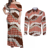 Red Hawaii Tiare and Shell Lei Couples Matching Off Shoulder Maxi Dress and Long Sleeve Button Shirt Hawaiian Palaka Luxury Vibes - Polynesian Pride