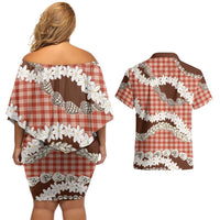 Red Hawaii Tiare and Shell Lei Couples Matching Off Shoulder Short Dress and Hawaiian Shirt Hawaiian Palaka Luxury Vibes LT14 - Polynesian Pride