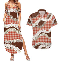 Red Hawaii Tiare and Shell Lei Couples Matching Summer Maxi Dress and Hawaiian Shirt Hawaiian Palaka Luxury Vibes - Polynesian Pride