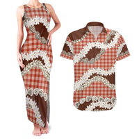Red Hawaii Tiare and Shell Lei Couples Matching Tank Maxi Dress and Hawaiian Shirt Hawaiian Palaka Luxury Vibes - Polynesian Pride