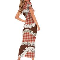 Red Hawaii Tiare and Shell Lei Short Sleeve Bodycon Dress Hawaiian Palaka Luxury Vibes - Polynesian Pride