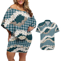 Dark Cyan Hawaii Tiare and Shell Lei Couples Matching Off Shoulder Short Dress and Hawaiian Shirt Hawaiian Palaka Luxury Vibes - Polynesian Pride