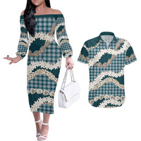 Dark Cyan Hawaii Tiare and Shell Lei Couples Matching Off The Shoulder Long Sleeve Dress and Hawaiian Shirt Hawaiian Palaka Luxury Vibes - Polynesian Pride