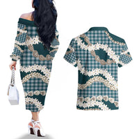 Dark Cyan Hawaii Tiare and Shell Lei Couples Matching Off The Shoulder Long Sleeve Dress and Hawaiian Shirt Hawaiian Palaka Luxury Vibes - Polynesian Pride