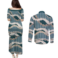 Dark Cyan Hawaii Tiare and Shell Lei Couples Matching Puletasi and Long Sleeve Button Shirt Hawaiian Palaka Luxury Vibes - Polynesian Pride