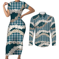 Dark Cyan Hawaii Tiare and Shell Lei Couples Matching Short Sleeve Bodycon Dress and Long Sleeve Button Shirt Hawaiian Palaka Luxury Vibes - Polynesian Pride