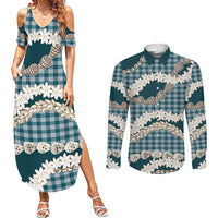 Dark Cyan Hawaii Tiare and Shell Lei Couples Matching Summer Maxi Dress and Long Sleeve Button Shirt Hawaiian Palaka Luxury Vibes LT14 Dark Cyan - Polynesian Pride
