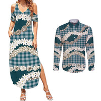 Dark Cyan Hawaii Tiare and Shell Lei Couples Matching Summer Maxi Dress and Long Sleeve Button Shirt Hawaiian Palaka Luxury Vibes - Polynesian Pride