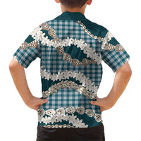 Dark Cyan Hawaii Tiare and Shell Lei Family Matching Long Sleeve Bodycon Dress and Hawaiian Shirt Hawaiian Palaka Luxury Vibes LT14 - Polynesian Pride