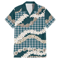 Dark Cyan Hawaii Tiare and Shell Lei Family Matching Off The Shoulder Long Sleeve Dress and Hawaiian Shirt Hawaiian Palaka Luxury Vibes LT14 Dad's Shirt - Short Sleeve Dark Cyan - Polynesian Pride