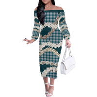 Dark Cyan Hawaii Tiare and Shell Lei Family Matching Off The Shoulder Long Sleeve Dress and Hawaiian Shirt Hawaiian Palaka Luxury Vibes - Polynesian Pride