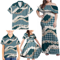 Dark Cyan Hawaii Tiare and Shell Lei Family Matching Off Shoulder Maxi Dress and Hawaiian Shirt Hawaiian Palaka Luxury Vibes LT14 - Polynesian Pride