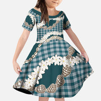 Dark Cyan Hawaii Tiare and Shell Lei Family Matching Off Shoulder Short Dress and Hawaiian Shirt Hawaiian Palaka Luxury Vibes LT14 Daughter's Dress Dark Cyan - Polynesian Pride