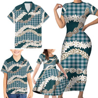 Dark Cyan Hawaii Tiare and Shell Lei Family Matching Short Sleeve Bodycon Dress and Hawaiian Shirt Hawaiian Palaka Luxury Vibes - Polynesian Pride