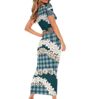 Dark Cyan Hawaii Tiare and Shell Lei Family Matching Short Sleeve Bodycon Dress and Hawaiian Shirt Hawaiian Palaka Luxury Vibes - Polynesian Pride