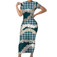 Dark Cyan Hawaii Tiare and Shell Lei Short Sleeve Bodycon Dress Hawaiian Palaka Luxury Vibes LT14 Long Dress Dark Cyan - Polynesian Pride