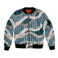 Dark Cyan Hawaii Tiare and Shell Lei Sleeve Zip Bomber Jacket Hawaiian Palaka Luxury Vibes - Polynesian Pride
