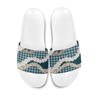 Dark Cyan Hawaii Tiare and Shell Lei Slide Sandals Hawaiian Palaka Luxury Vibes - Polynesian Pride