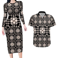 Aloha Hawaii Shell Quilt Couples Matching Long Sleeve Bodycon Dress and Hawaiian Shirt Seamless Style LT14 Black - Polynesian Pride