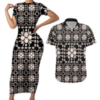 Aloha Hawaii Shell Quilt Couples Matching Short Sleeve Bodycon Dress and Hawaiian Shirt Seamless Style LT14 Black - Polynesian Pride