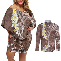 Mocha Mousse Polynesian Tribal Frangipani Tropical Vibe Couples Matching Off Shoulder Short Dress and Long Sleeve Button Shirt LT14 Mocha Mousse - Polynesian Pride