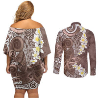 Mocha Mousse Polynesian Tribal Frangipani Tropical Vibe Couples Matching Off Shoulder Short Dress and Long Sleeve Button Shirt LT14 - Polynesian Pride