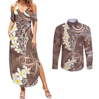 Mocha Mousse Polynesian Tribal Frangipani Tropical Vibe Couples Matching Summer Maxi Dress and Long Sleeve Button Shirt LT14 Mocha Mousse - Polynesian Pride